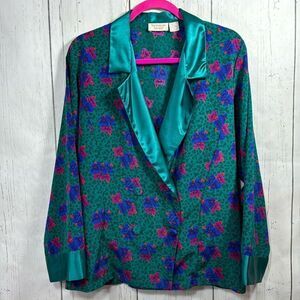 Vintage Victorias Secret Floral Satin Pajama Top Teal Magenta Lounge Blouse
